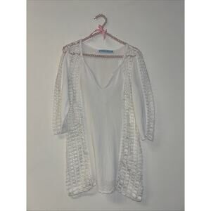 Solitaire Swim Eyelet Cover up White Boho V Neck Sz Small Swim Suit Dress Beachy